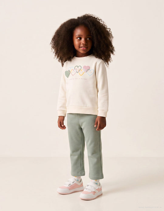 Brushed Jogging Set With Heart Print For Baby Girls, White/Light Green