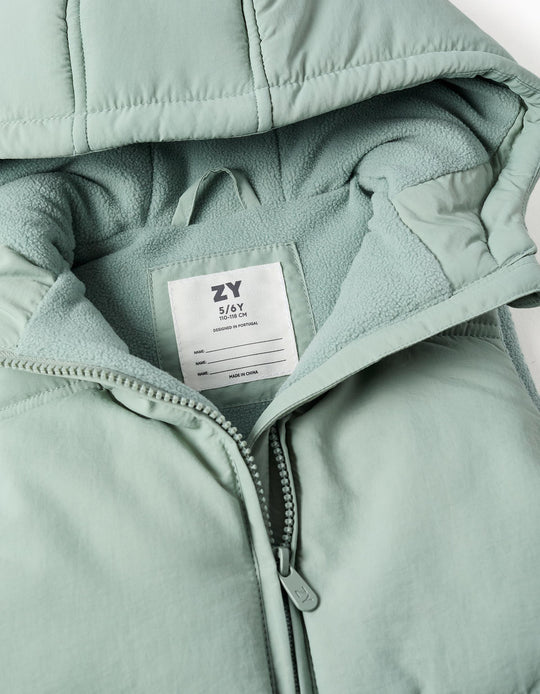 Hooded Quilted Vest With Polar Fleece Lining For Girls, Light Green