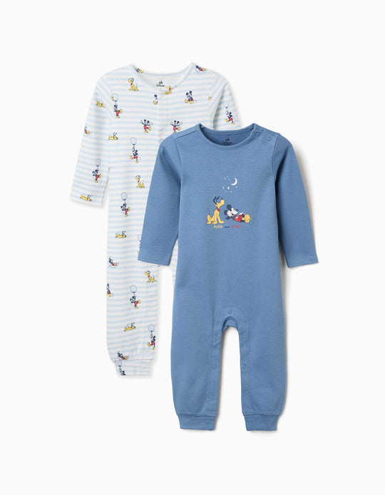 2 Cotton Sleepsuits With Mickey For Newborn And Baby Boys, Blue/White