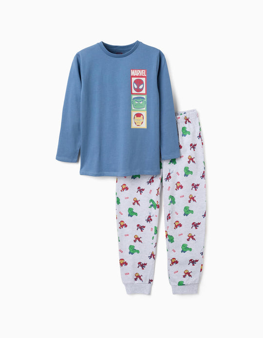 Long Sleeve Cotton Pyjamas With Marvel Prints For Boys, Blue/grey