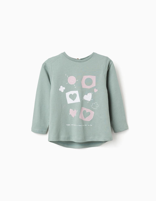 Long Sleeve Cotton T Shirt With Hearts For Baby Girls, Light Green