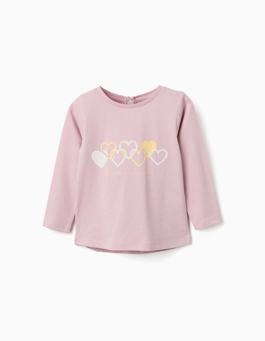 Long Sleeve Cotton T Shirt With Hearts For Baby Girls, Lilac