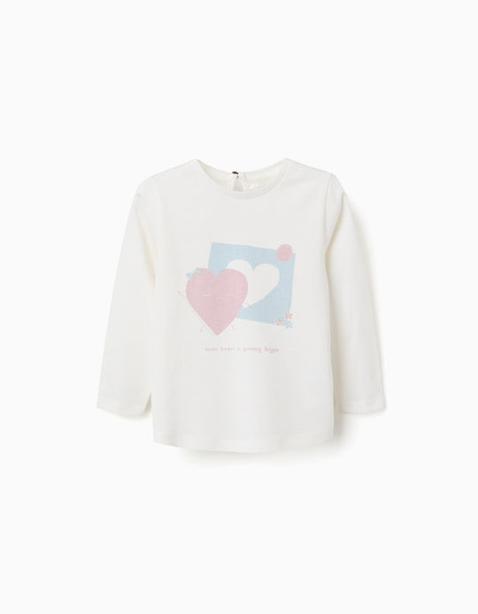 Long Sleeve Cotton T Shirt With Hearts For Baby Girls, White