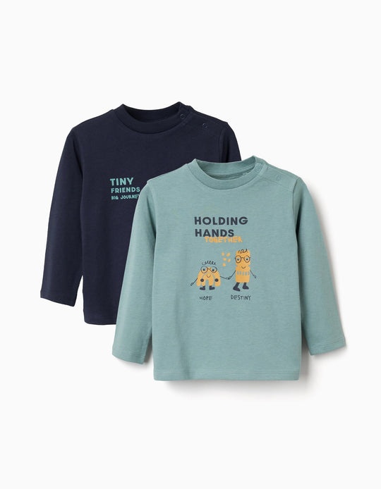 Pack Of 2 Long Sleeve T Shirts With Prints For Baby Boys, Blue/Blue Green
