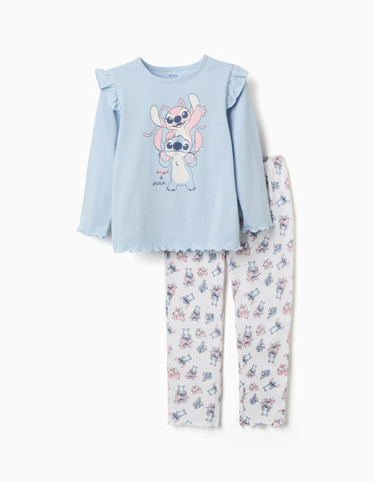 Long Sleeve Pyjamas With Stitch & Angel Print For Girls, Blue/white