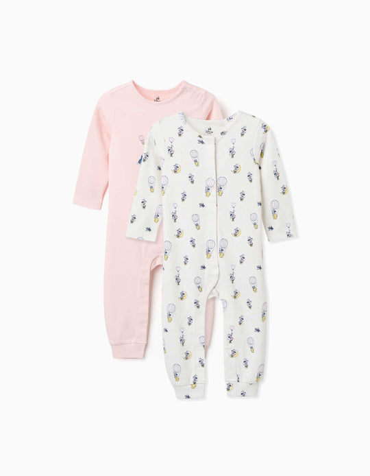 2 Cotton Sleepsuits With Minnie For Newborn And Baby Girls, Pink/White