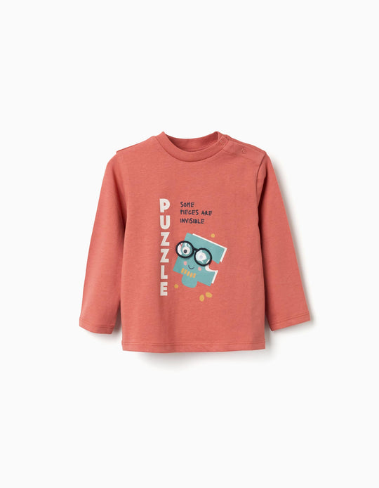 Long Sleeve Cotton T Shirt With Puzzle Print For Baby Boys, Terracotta