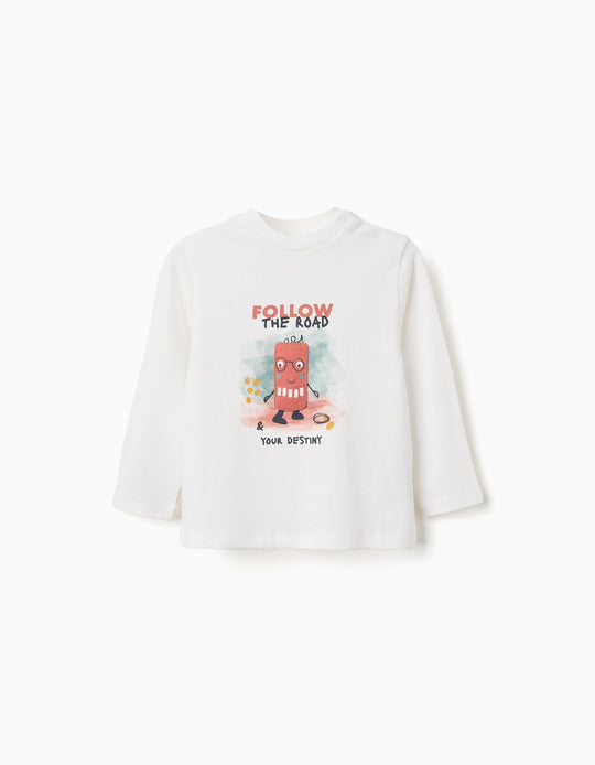 Long Sleeve Cotton T Shirt With Destiny Print For Baby Boys, White
