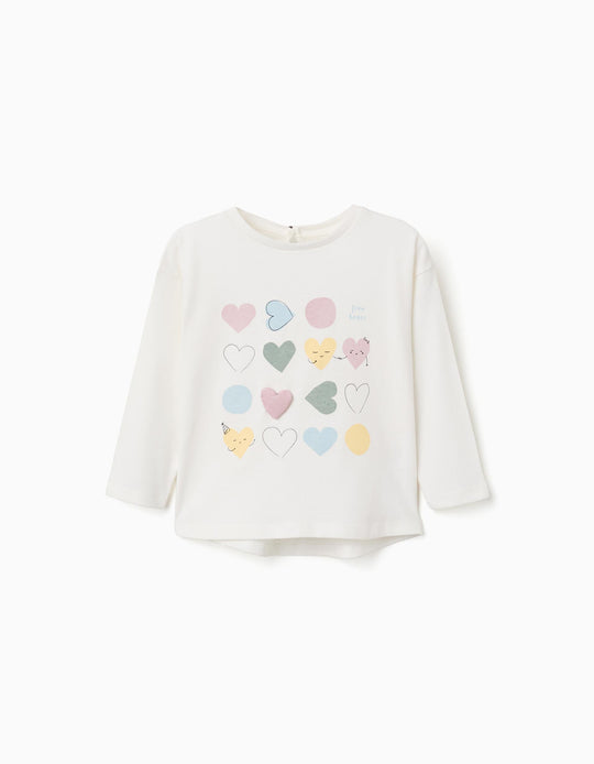 Long Sleeve Cotton T Shirt With Printed Hearts For Baby Girls, White