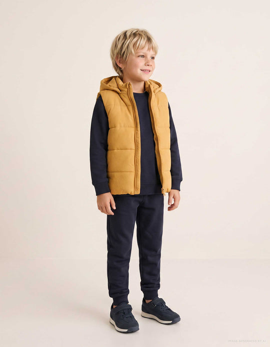 Hooded Puffer Vest With Front Zip For Children, Mustard Yellow