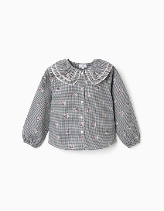 Cotton Gingham Shirt With Floral Print For Girls, White/Navy Blue