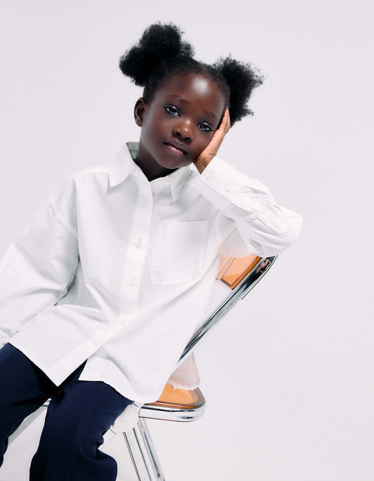 Long Sleeve Poplin Shirt With Dropped Shoulders For Girls, White