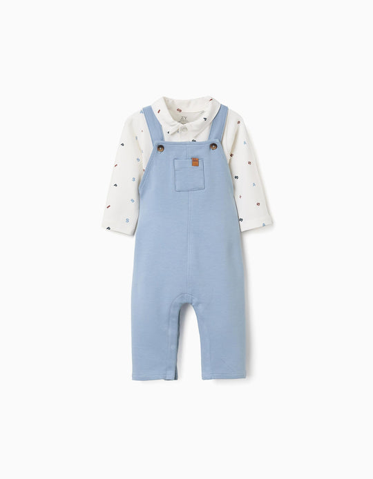 Cotton Bodysuit And Jumpsuit Set For Newborn Boys, White/Light Blue