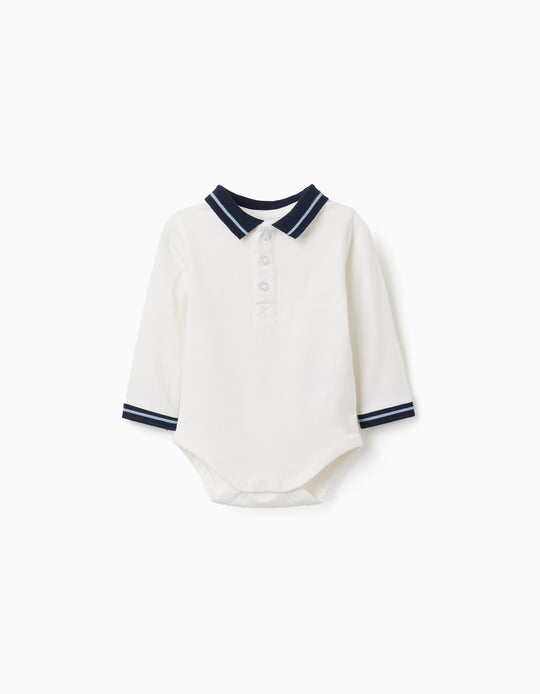 Cotton Polo Bodysuit With Contrasting Collar For Newborn Boys, White