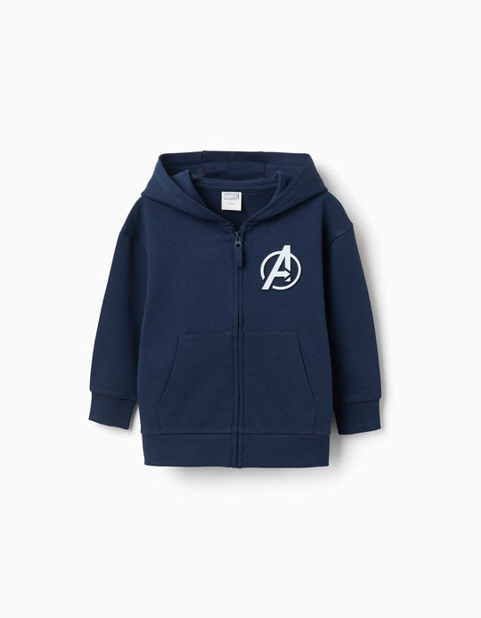 Hooded Cotton Jacket With Avengers Prints For Boys, Navy Blue