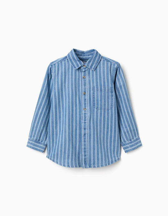 Striped Denim Shirt With Pocket For Boys, Blue/White