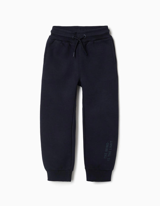 Slim Fit Brushed Joggers With Print For Boys, Navy Blue