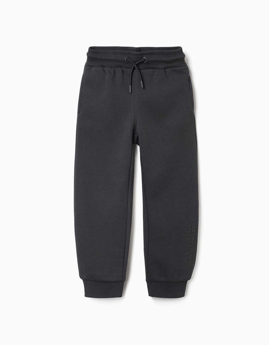 Slim Fit Brushed Joggers With Print For Boys, Dark Grey