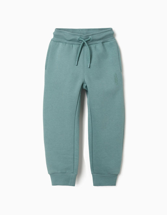 Slim Fit Brushed Joggers With Print For Boys, Blue Green