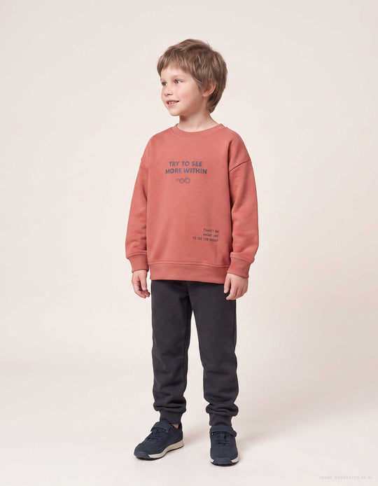 Brushed Jogging Set With Print For Boys, Terracotta/Dark Grey