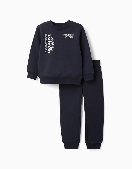 Brushed Jogging Set With Creative Print For Boys, Navy Blue