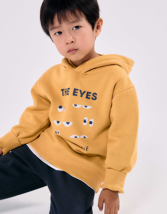 Brushed Hooded Sweatshirt With Print For Boys, Yellow