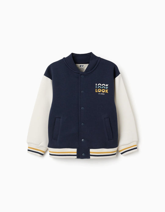 Brushed Bomber Jacket With Print For Boys, Navy Blue/White/Yellow