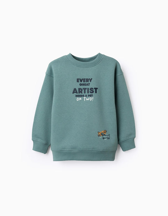 Brushed Sweatshirt With Embossed Print For Boys, Blue Green