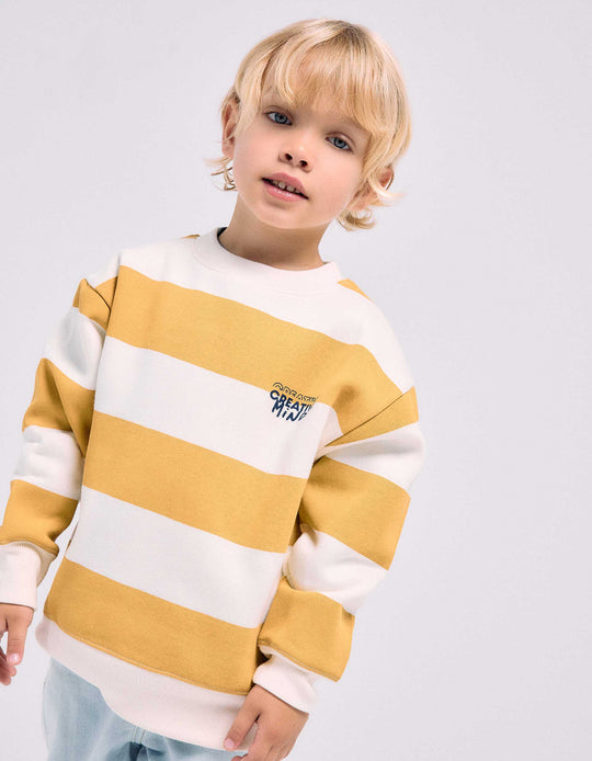 Striped Brushed Sweatshirt With Print For Boys, White/Yellow