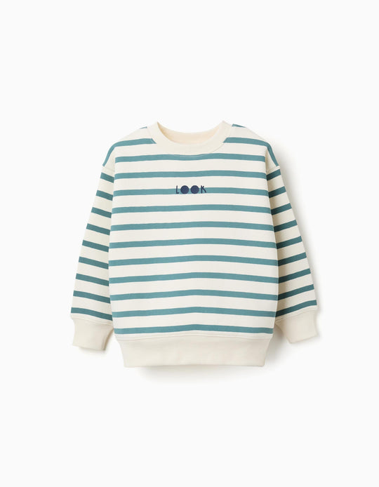 Striped Brushed Sweatshirt With Print For Boys, White/Blue Green