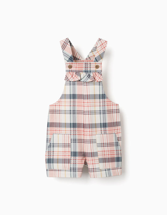 Twill Short Dungarees With Checked Pattern For Baby Girls, Multicolour