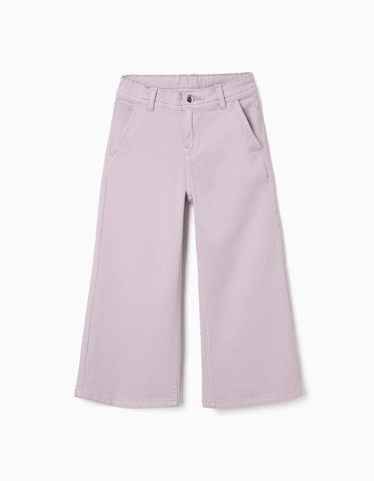 Wide Leg Twill Trousers With Four Pockets For Girls, Light Purple
