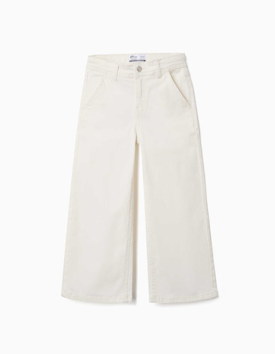 Wide Leg Twill Trousers With Four Pockets For Girls, White