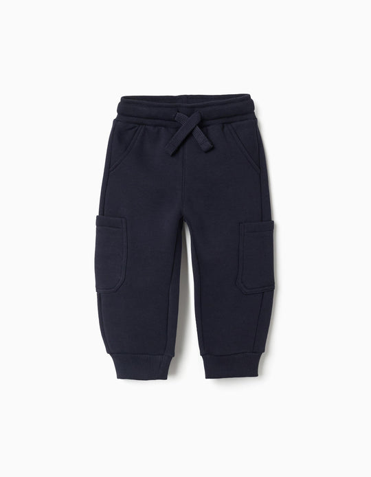 Brushed Fleece Joggers With Cargo Pockets For Baby Boys, Navy Blue