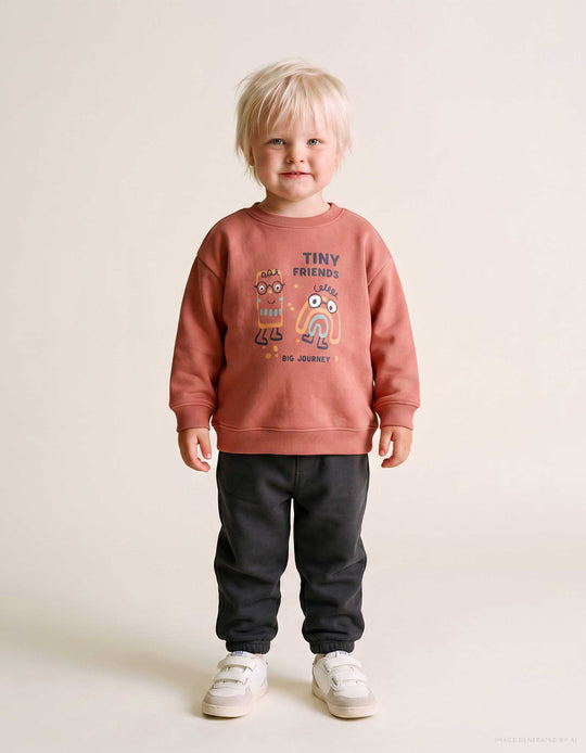 Brushed Jogging Set With Friends Print For Baby Boys, Terracotta/Grey