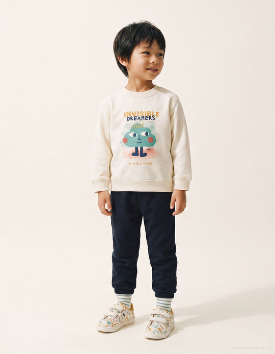 Brushed Jogging Set With Dreamers Print For Baby Boys, White/Navy Blue