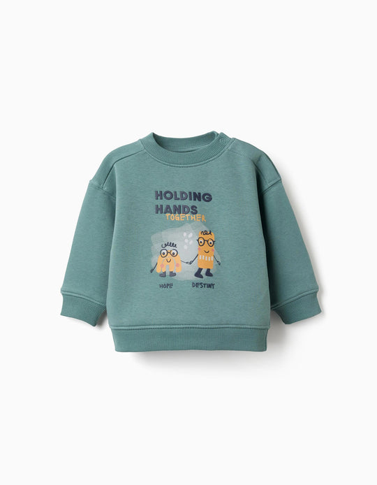 Brushed Sweatshirt With Holding Hands Print For Baby Boys, Blue Green