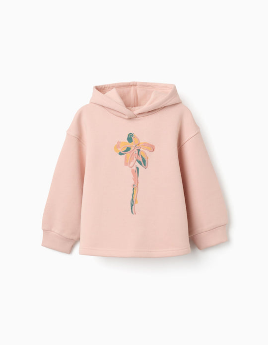 Brushed Hooded Sweatshirt With Floral Print For Girls, Light Pink