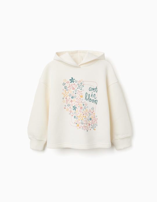 Brushed Hooded Sweatshirt With Floral Print For Girls, White