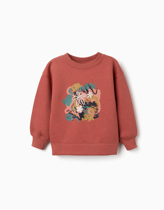 Brushed Sweatshirt With Art And Nature Motif For Girls, Terracotta