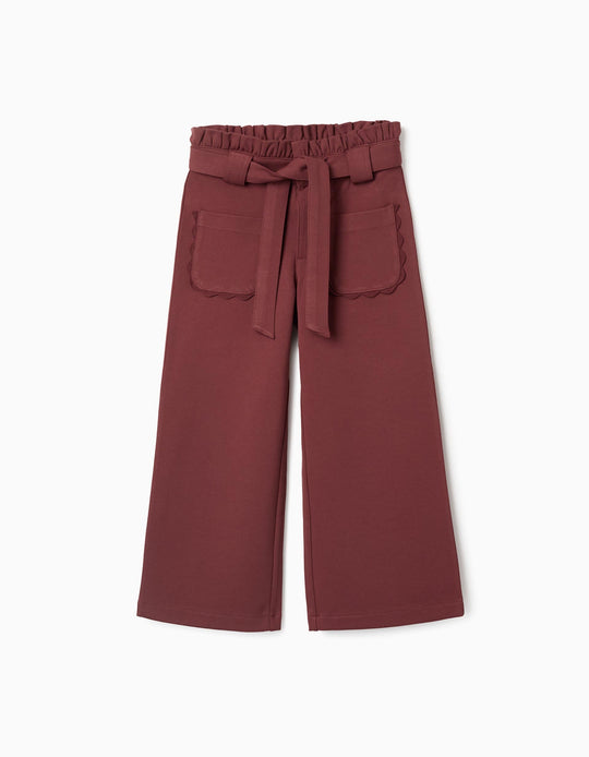 Wide Leg Roma Knit Trousers With Belt For Girls, Brown