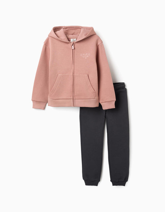 Brushed Jogging Set With Flower Print For Girls, Pink/Dark Grey