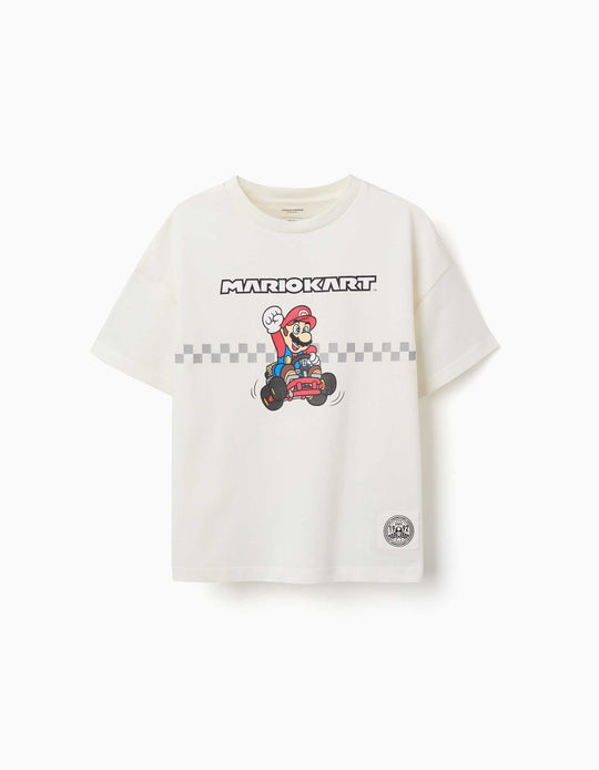 Cotton T-Shirt With Mario Kart Print For Boys, White
