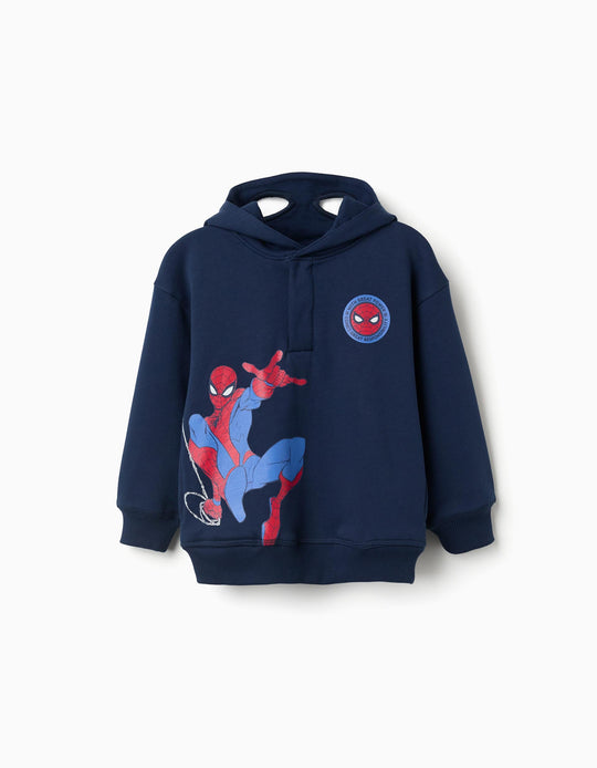 Hooded Brushed Sweatshirt With Spider Man Print For Boys, Navy Blue
