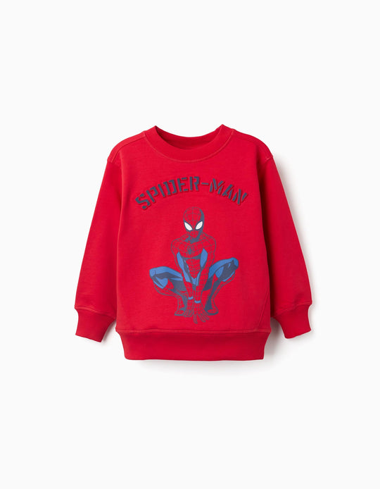 Brushed Sweatshirt With Spider Man Embossed Print For Boys, Red