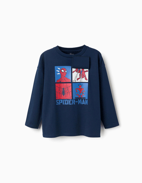 Long Sleeve Cotton T Shirt With Spider Man Print For Boys, Navy Blue