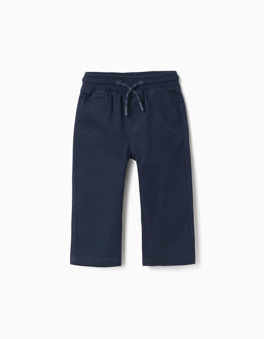 Slim Fit Twill Trousers With Drawstring For Baby Boys, Navy Blue