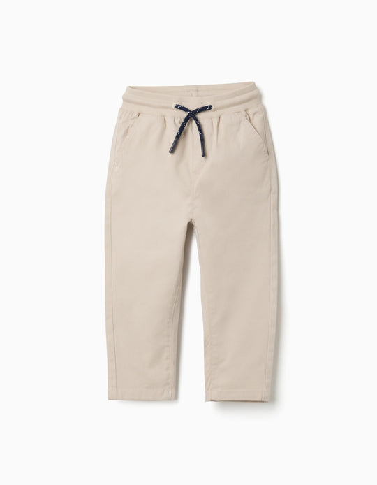 Slim Fit Twill Trousers With Drawstring For Baby Boys, Light Beige