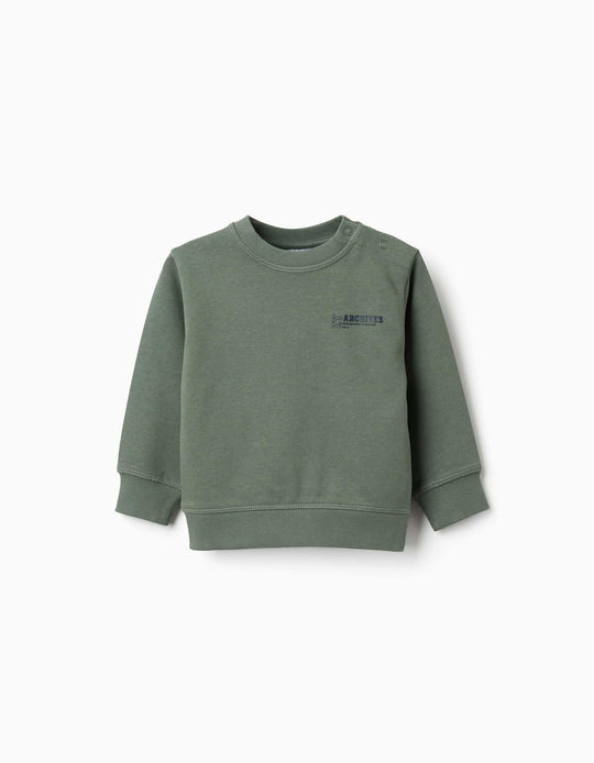 Cotton Sweatshirt With Zy Print For Baby Boys, Dark Green