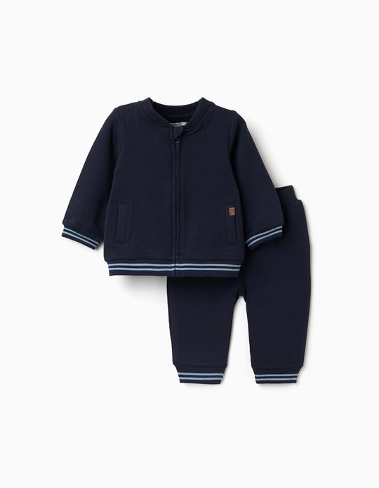 Brushed Jogging Set With Stripes For Newborn Boys, Navy Blue